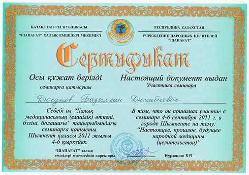 Базылхан Дюсупов. Сертификат участника семинара